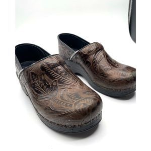 Dansko Professional Brown Leather Embossed Floral Clogs, Women's Size 38 / 7.5